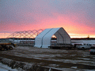 WSSL GIGA-SPAN Tent, CNRL, installing the fabric on the large portable structure