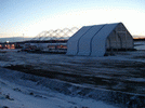 WSSL GIGA-SPAN Tent, CNRL, installing the fabric on the large portable structure