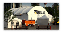 White canpopy Catepiller ClearSpan Branded Logo Graphics Tent, Calgary (Mod 4x), angle view, late evening