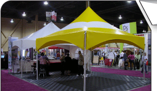 WSSL Trade Show MQ15 Peak Marquee Tent with Yellow and White Canopy at an indoor Trade Show venue