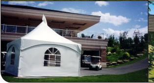 White 20x20 Peak Marquee Tents with french window walls used for golf cart storage