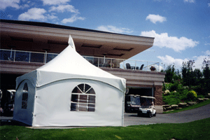 White 20x20 Peak Marquee Tents with french window walls used for golf cart storage