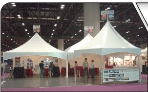 Exhibition Kiosk Peak Marquee MQ17Hex tents at tradeshow 