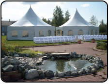 Two White Peak Marquee tents in a beautiful wedding setting, 2 x Hex34, Photo by Valley Rental Center