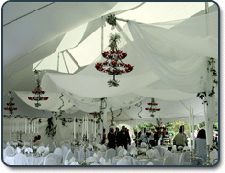 Warner Shelter Systems Ltd. Party Tent, inside White Peak Pole Tent, 40x100, decorated for wedding