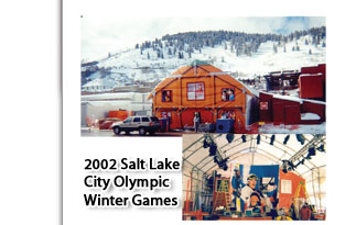 2002 Salt Lake City Olympic Winter Games Clearspan Moduler Tent 4AW, outside view and interior view, with faux printed front of the tent