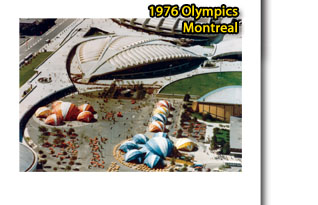 1976 Olympics in Montreal, beautiful clusters of red and blue Dome Stagecover Tents