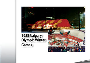 1988 Calgary Winter Olympicss Clearspan Modular Structure, Night Scene with tent glowing from interior light and interior scene