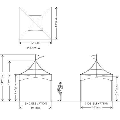 Plan view, elevation and side elevation of Peak Marquee MQ10H