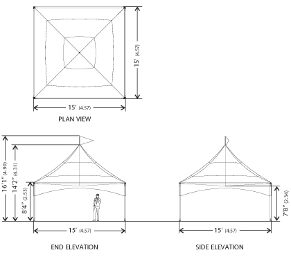 Plan View, End and Side Elevation measurement diagram of Peak Marquee MQ15