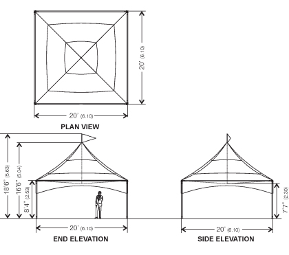 Plan view, elevation and side elevation of Peak Marquee MQ20H