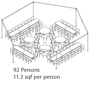 Peak Marquee MQ34Hex Seating Suggestion, 92 Persons, 11.3sqf per person, round and rectangular tables