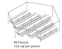 Peak Marquee MQ34Hex Seating Suggestion, 98 Persons, 10.6sqf per person, rectangular tables