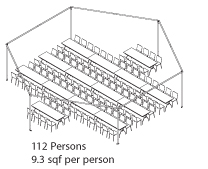 Peak Marquee MQ34Hex Seating Suggestion, 112 Persons, 9.3sqf per person, rectangular tables