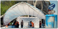 American Idol Branded Logo Arabesque Stagecover Tent providing shade for auditions