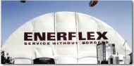 Enerflex Branded Logo Tent Clearspan Modular 6EX tent, front view, Stampede grounds, Calgary