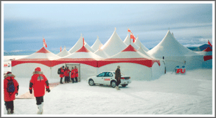 Red and white Peak Marquees for a corporate party at Yukon
