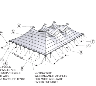 Diagram of a complete Peak Pole Tension Tent, PPT80X, top and side pole