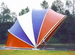 WSSL Dome Stagecover SC50, portable bandshell and stagecover, red white and blue fabric, side view
