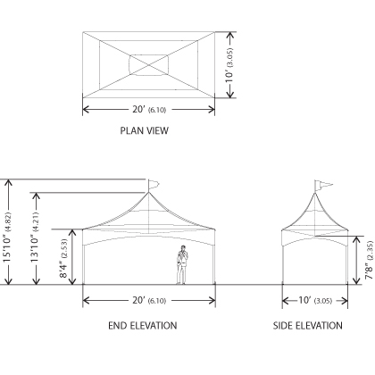 Plan View, End and Side Elevation measurement diagram of Peak Marquee MQ1020