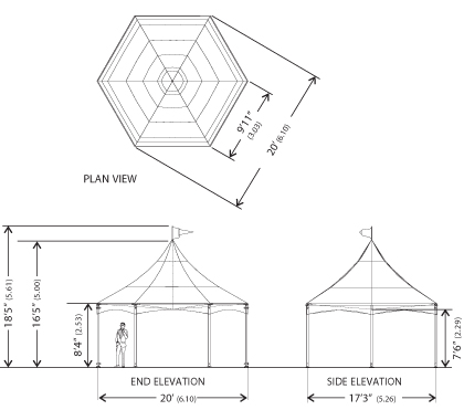 Plan view and elevation and side elevation of Peak Marquee MQ17Hex