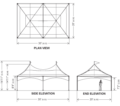Plan view, Elevation and Side elevation of Peak Marquee MQ2030T