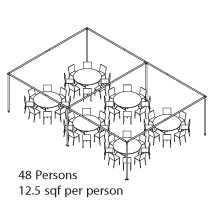 Peak Marquee MQ2030T Seating Suggestion, 48 Persons, 12.5sqf per person, round tables