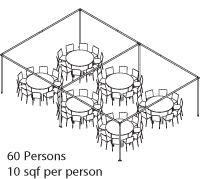 Peak Marquee MQ2030T Seating Suggestion, 60 Persons, 10sqf per person, round tables