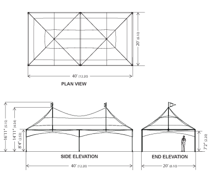 Plan view, elevation and side elevation of Peak Marquee MQ2040T