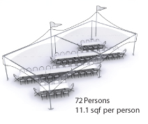 Peak Marquee MQ2040T Seating Suggestion, 72 Persons, 11.1sqf per person, diagonal rectangular tables