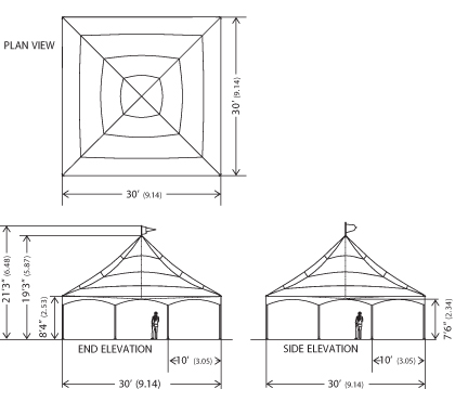 Plan view, elevation and side elevation of Peak Marquee MQ30