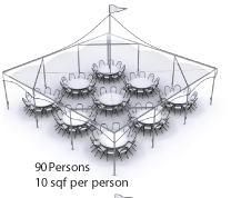 Peak Marquee MQ30 Seating Suggestion, 90 Persons, 10sqf per person, round tables