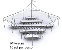 Peak Marquee MQ30 Seating Suggestion, 90 Persons, 10sqf per person, rectangular tables