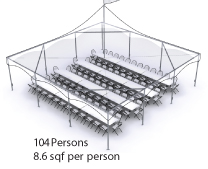 Peak Marquee MQ30 Seating Suggestion, 104 Persons, 8.6sqf per person, rectangular tables